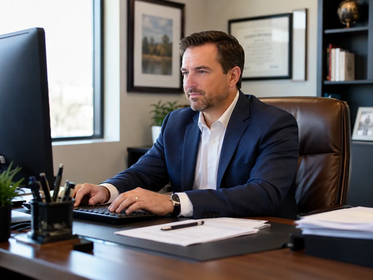 An attorney at work at a desk in a private office