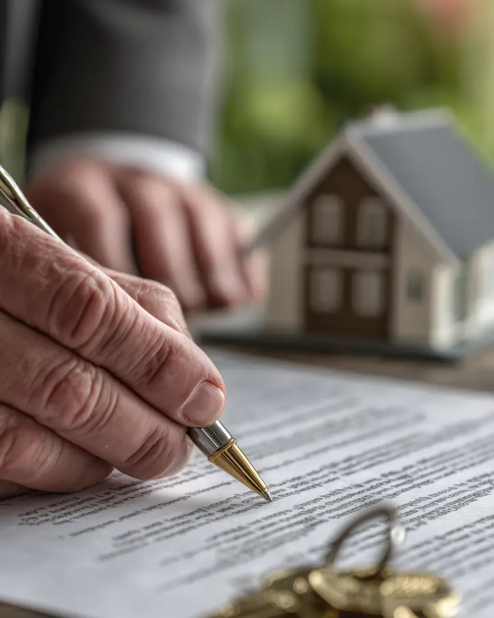 A hand signing closing documents beside a model house